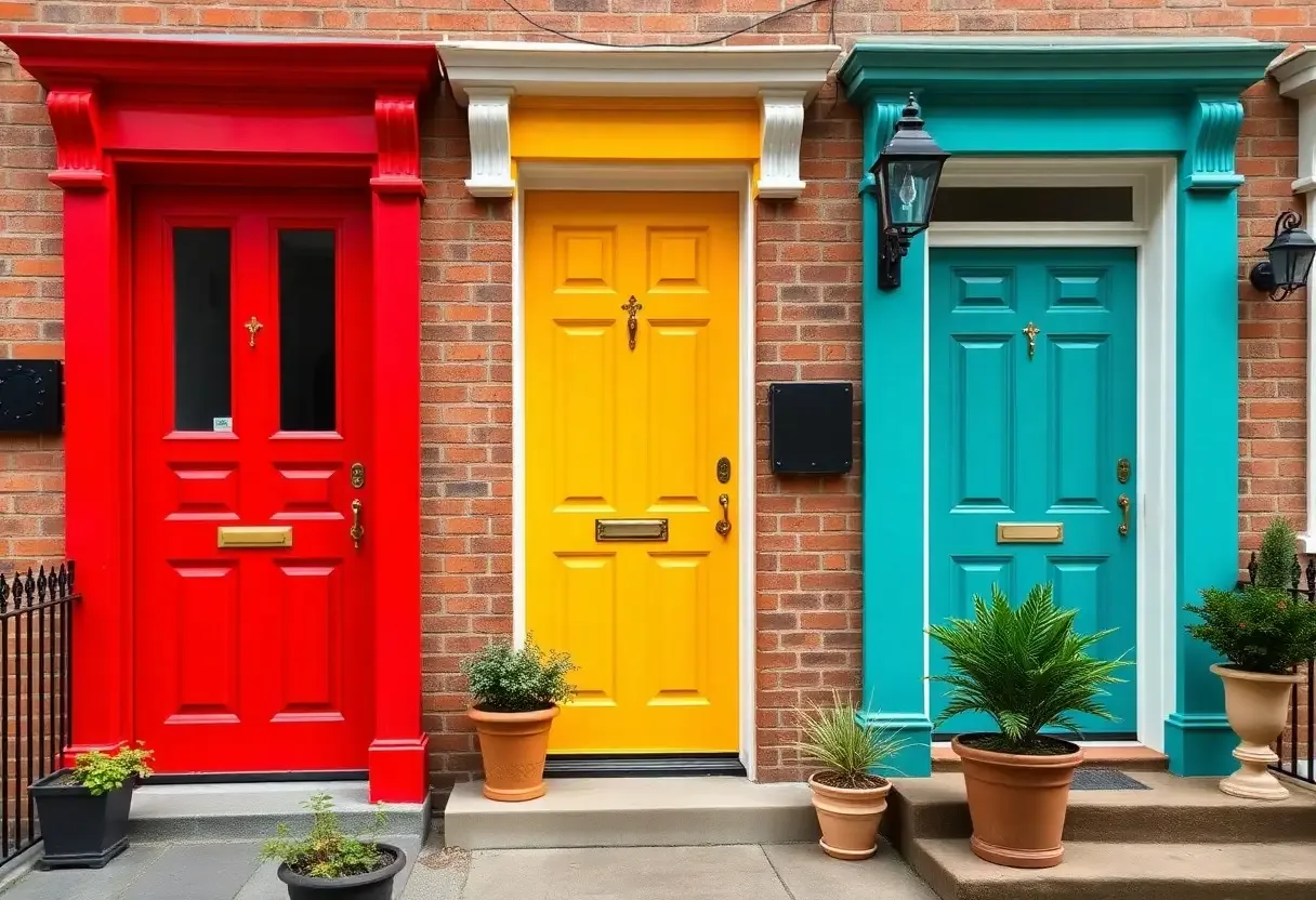 A residential front door painted a deep navy blue with polished brass hardware, set against white trim