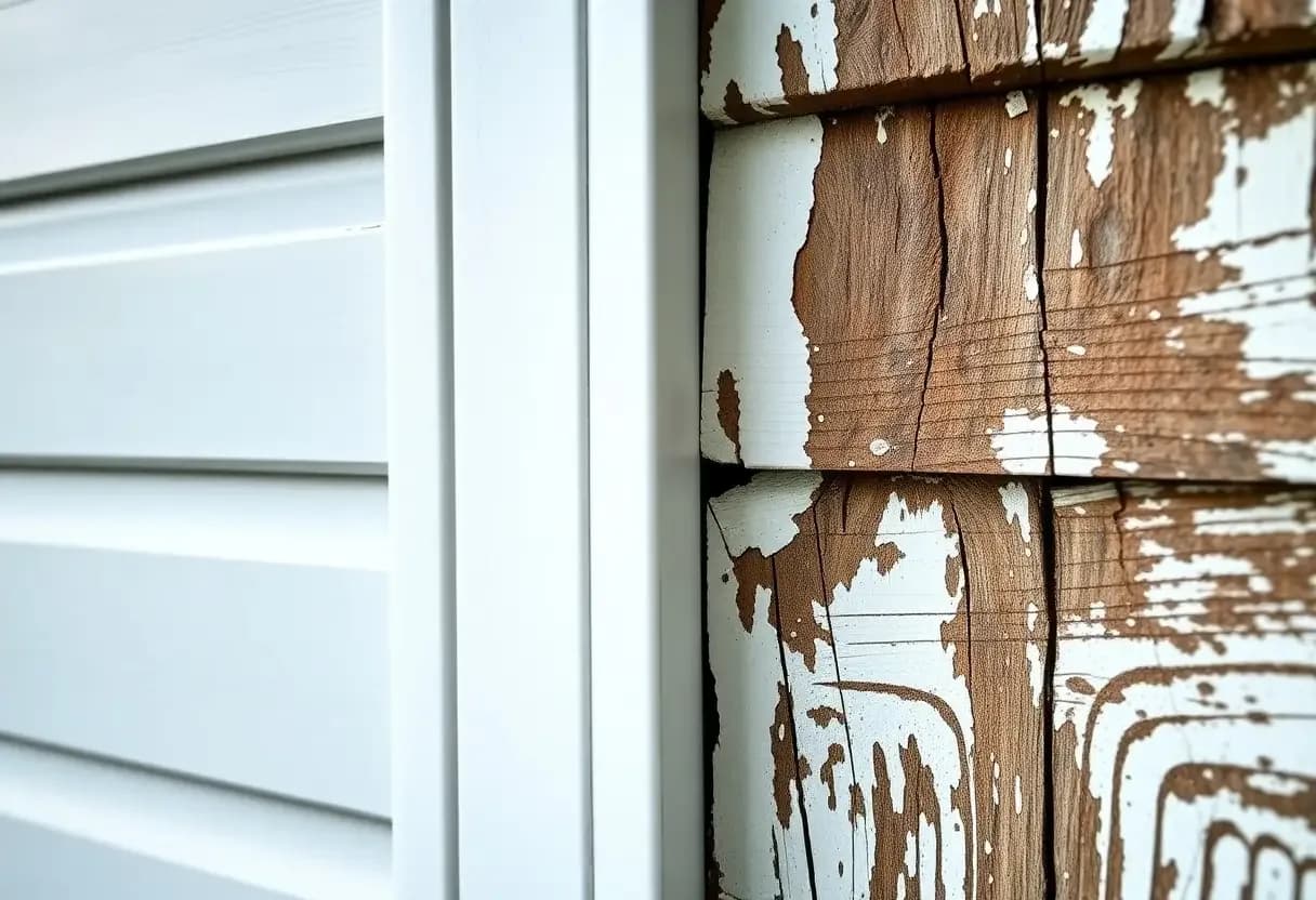 Close-up of freshly painted exterior siding on a residential home with visible water beading off the surface