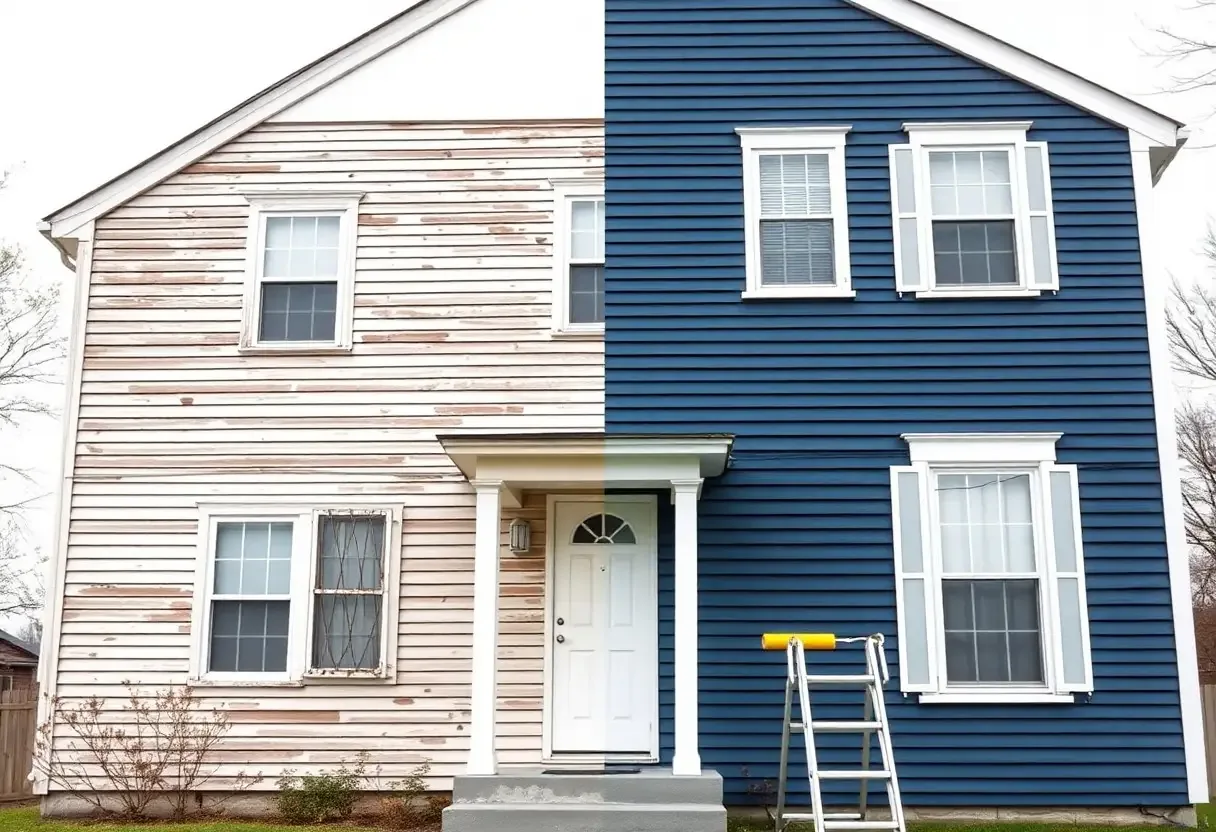 Freshly painted two-story older home with crisp white exterior and dark trim, showing renewed curb appeal