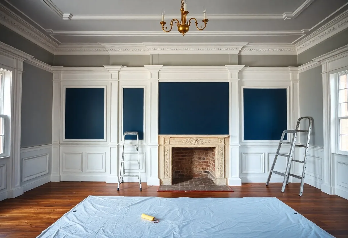 Bright interior room in an older home with freshly painted white walls, highlighted crown molding, and original hardwood floors