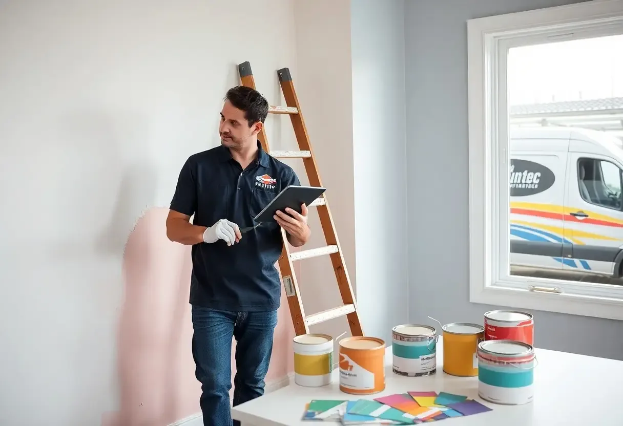 Professional painter carrying equipment toward a residential home on a sunny day
