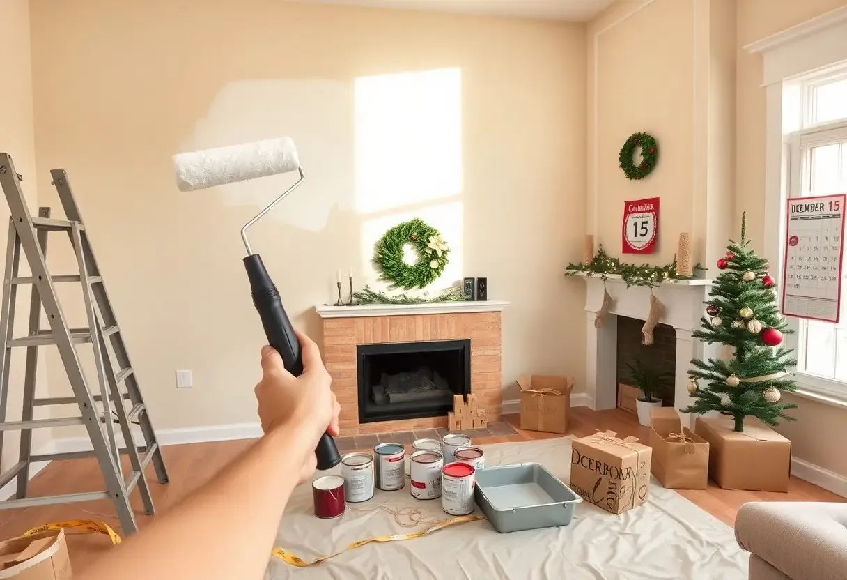 Painter rolling fresh neutral paint onto a living room wall in preparation for holiday guests