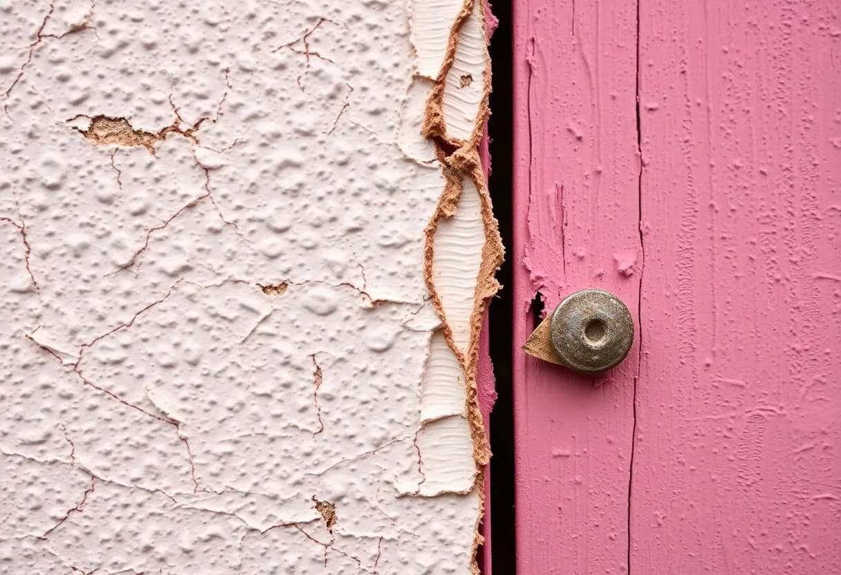 Close-up of exterior wall paint bubbling and peeling away from the surface, revealing underlying damage
