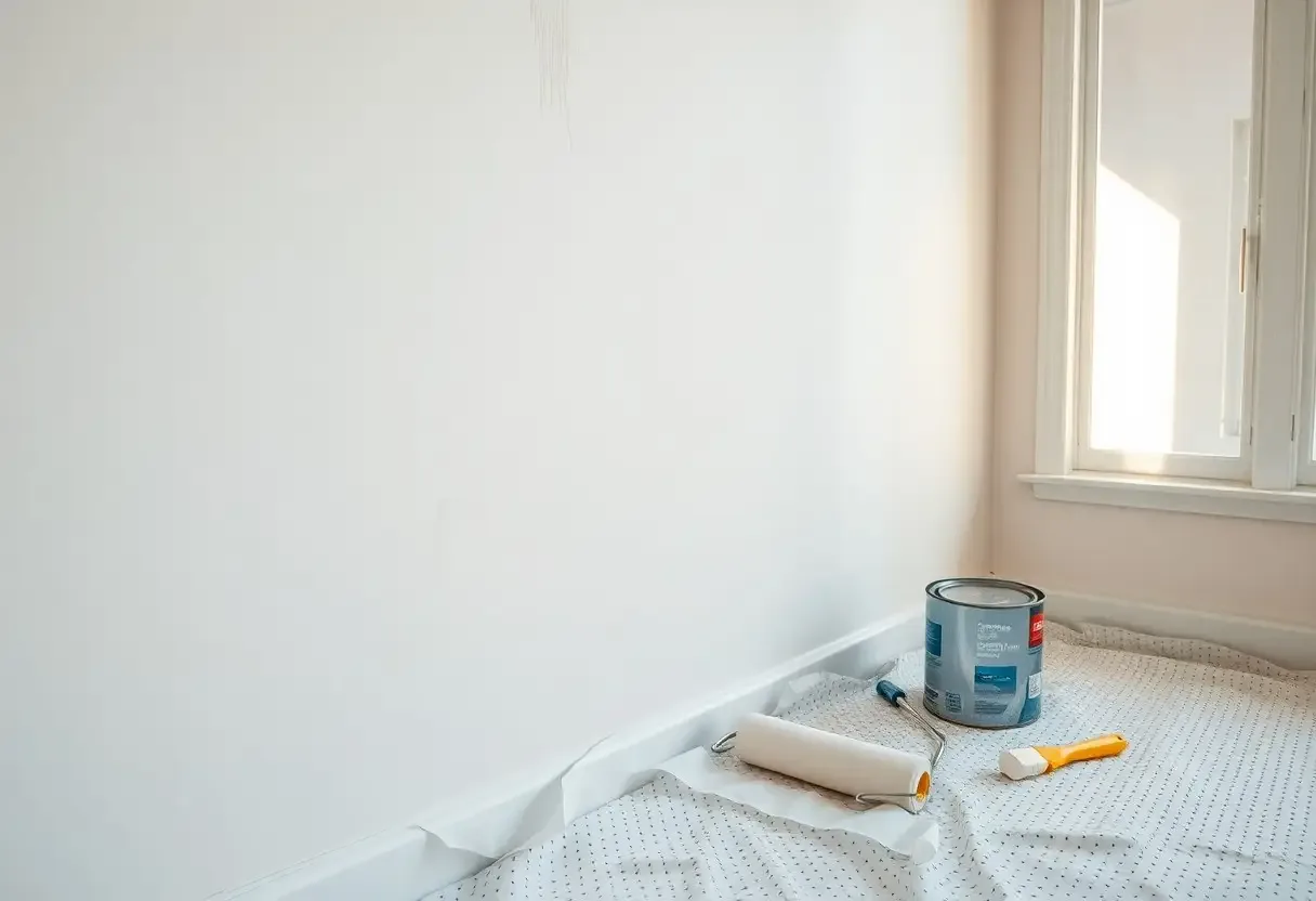 Close-up of a freshly painted wall under natural light revealing roller stipple and uneven sheen from a DIY paint job