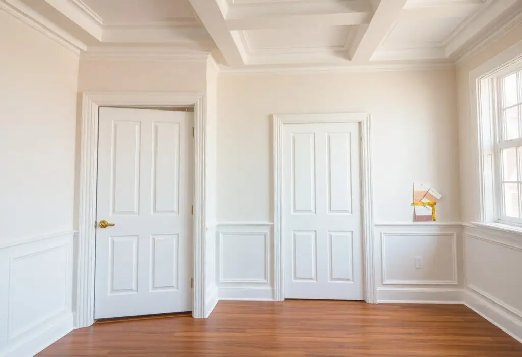 Bright, empty room with two white six-panel doors, ornate trim, and a warm hardwood floor; a window on the right with papers taped to the wall below it.