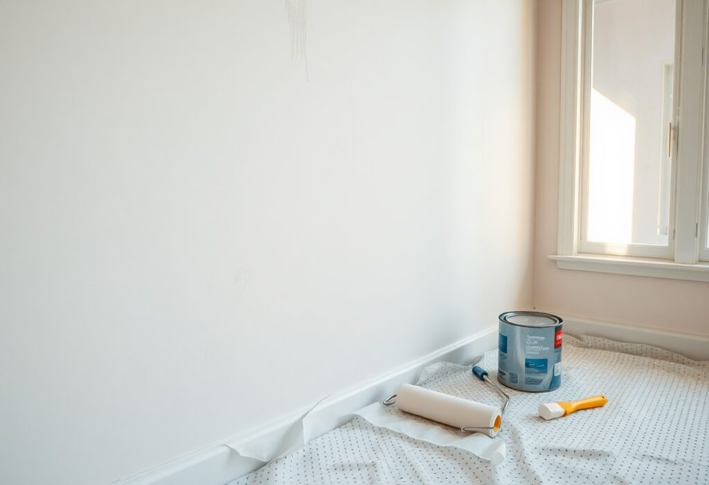 White wall being prepared for painting; paint can, roller, and brush sit on a protective drop cloth by a window edge.