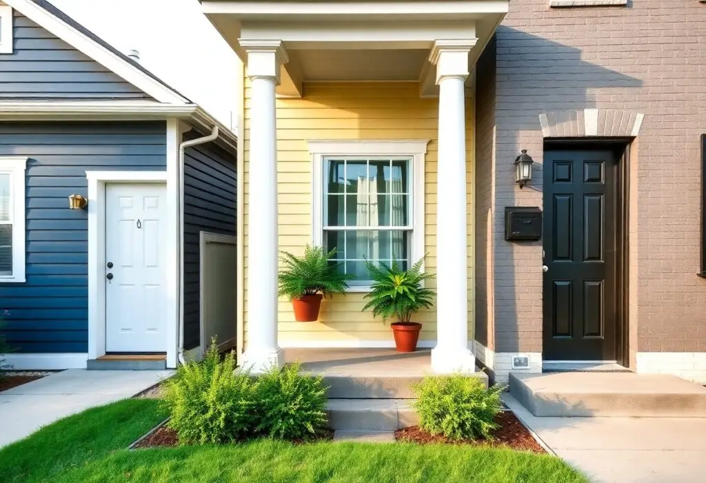 Front porch of a yellow house with two white columns, a window between them, and potted ferns on the steps.