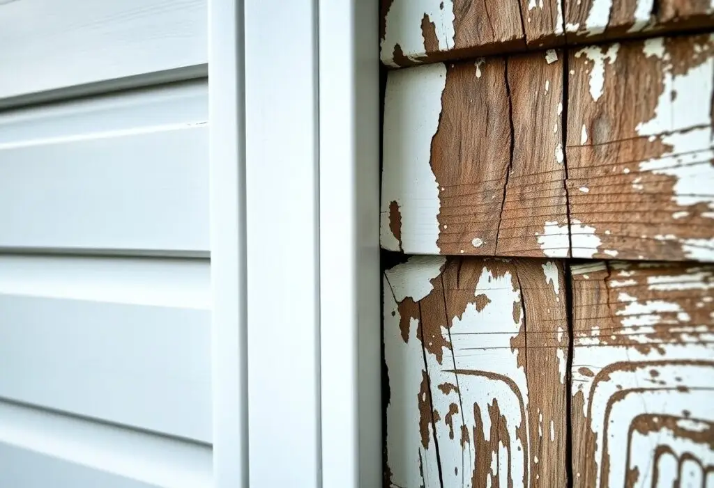 Close-up of a white, modern vinyl siding next to weathered, peeling brown wood with chipped paint showing age and damage on the exterior wall.