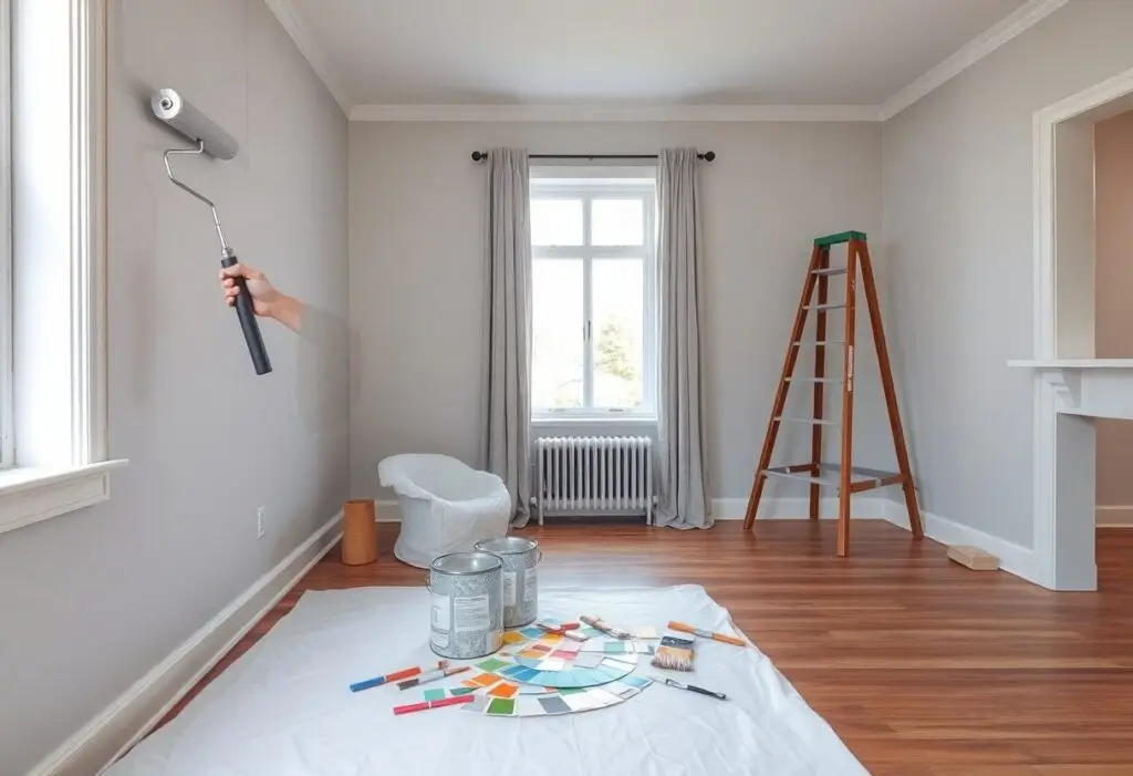 Room being repainted: paint roller on the wall, drop cloth on the floor with paint cans and color swatches nearby, a few brushes scattered about.