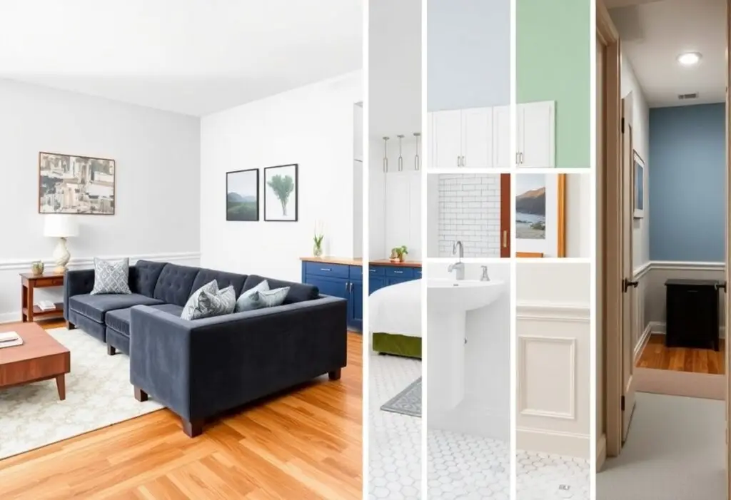 Collage of a bright living room with a navy sofa, wood floors, and framed art, plus glimpses of a blue-kitchen area and bathroom.