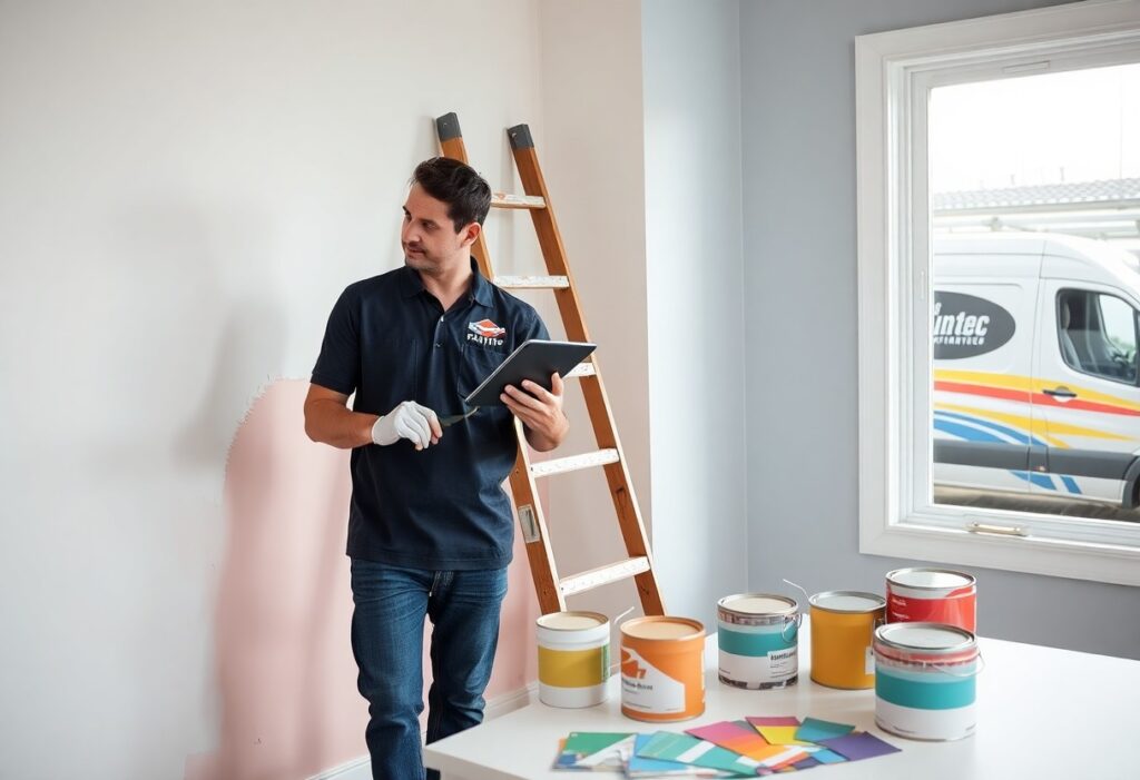 Man in a dark polo shirt holds a tablet while scraping a pink wall; a ladder and paint cans are nearby in a bright room.