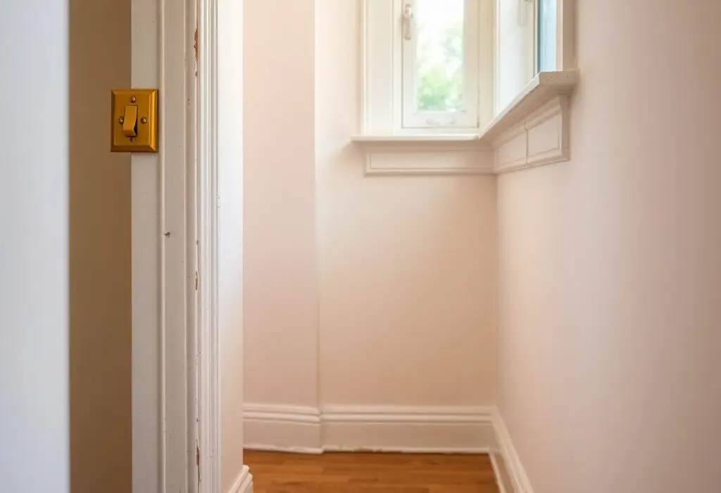 Narrow hallway with pale walls, wooden floor, and a small window at the far end letting in soft light.