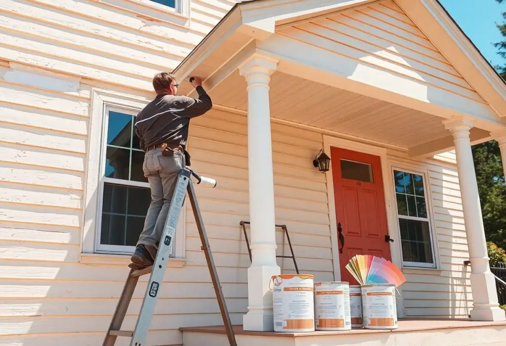 A man on a ladder painting the exterior beige siding of a house, with paint cans and color swatches on the porch nearby.