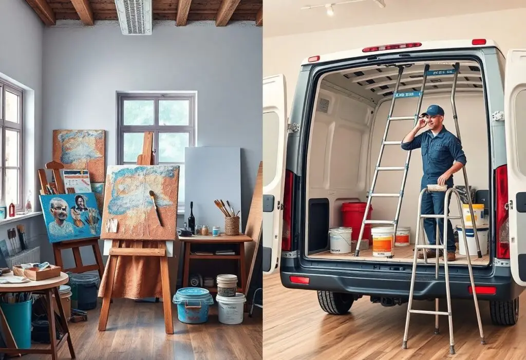 Left: an artist's studio with easels, canvases and brushes; right: a painter in a van with a ladder and paint buckets inside.