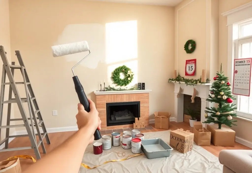Person holding a paint roller and painting a beige wall in a Christmas-decorated living room, with a ladder, paint cans, and a Christmas tree by the fireplace.