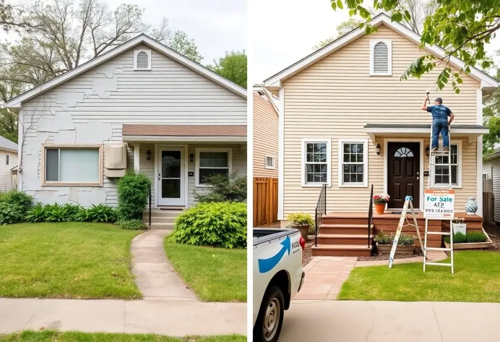 Split-image of a home: left shows a damaged, cracked exterior; right shows a renovated house with new siding, stairs, and a worker on a ladder by the porch.